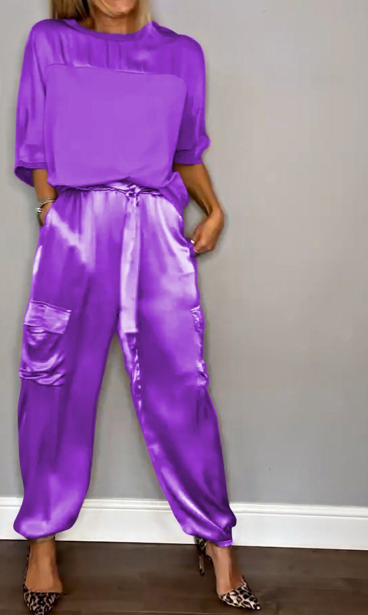 Evelyn - Satin Half-sleeved Top and Pant Suit - nubuso